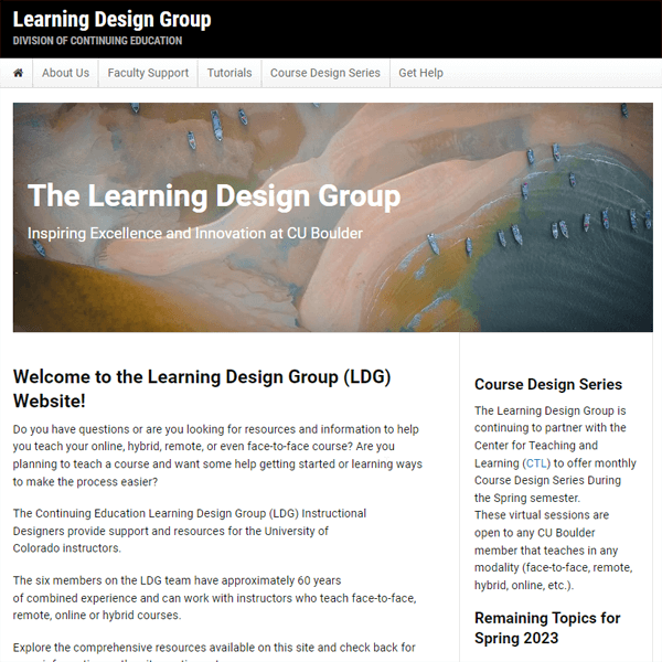 The homepage of a website developed by Pack W Digital Design for an Instructional Design Team.